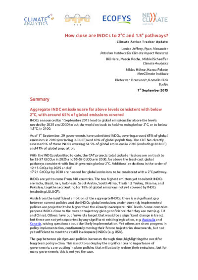 How close are INDCs to 2°C and 1.5°C pathways?