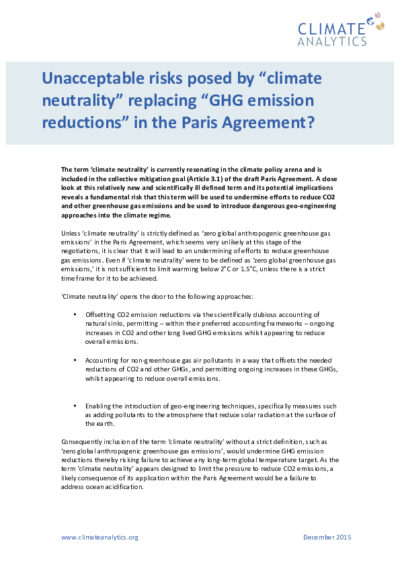 Unacceptable risks posed by “climate neutrality” replacing “GHG emission reductions” in the Paris Agreement?