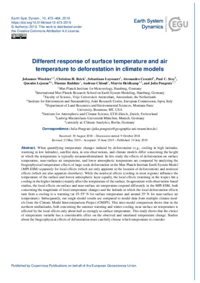 Different response of surface temperature and air temperature to deforestation in climate models