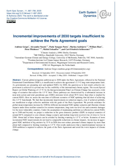 Incremental improvements of 2030 targets insufficient to achieve the Paris Agreement goals