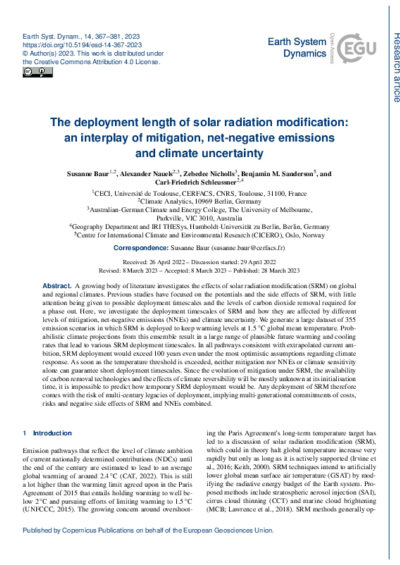 The deployment length of solar radiation modification: an interplay of mitigation, net-negative emissions and climate uncertainty
