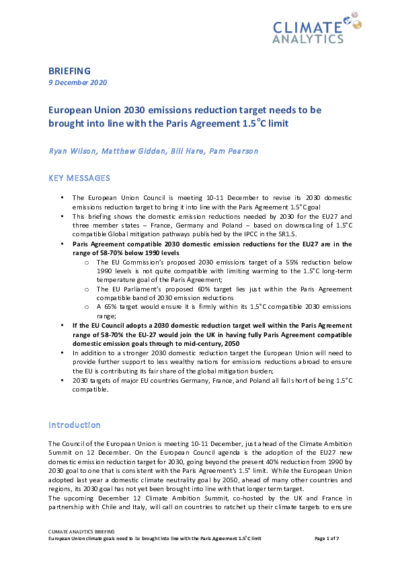 EU 2030 emissions reduction target needs to be brought into line with the Paris Agreement 1.5°C limit