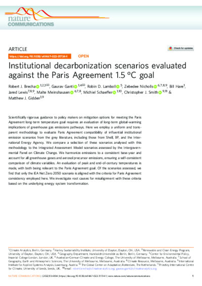 Institutional decarbonisation scenarios evaluated against the Paris Agreement 1.5°C goal