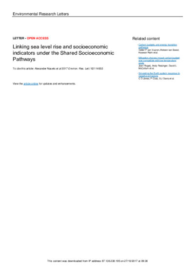 Linking sea level rise and socioeconomic indicators under the Shared Socioeconomic Pathways