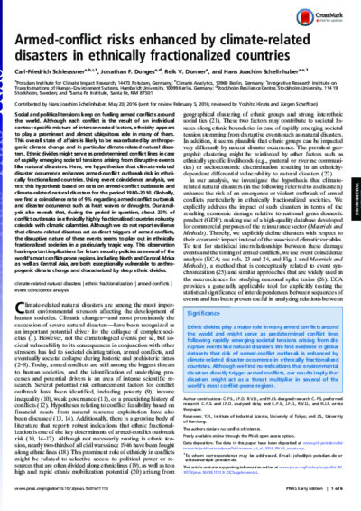 Armed-conflict risks enhanced by climate-related disasters in ethnically fractionalised countries