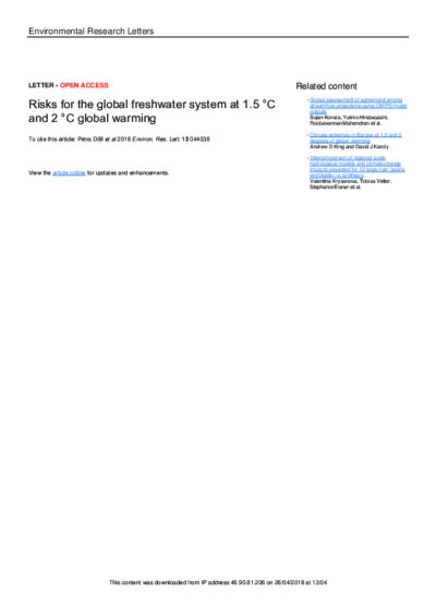 Risks for the global freshwater system at 1.5 °C and 2 °C global warming