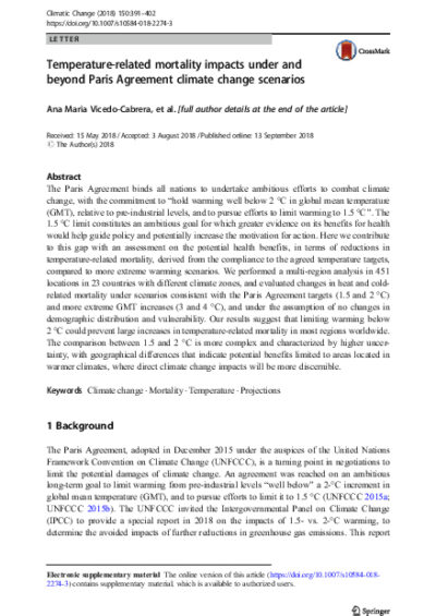 Temperature-related mortality impacts under and beyond Paris Agreement climate change scenarios