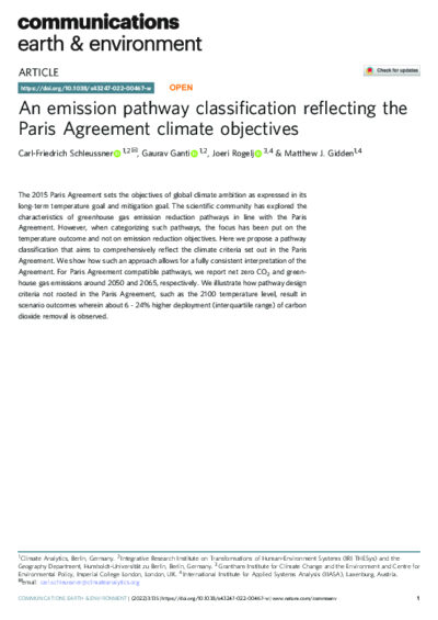 An emission pathway classification reflecting the Paris Agreement climate objectives