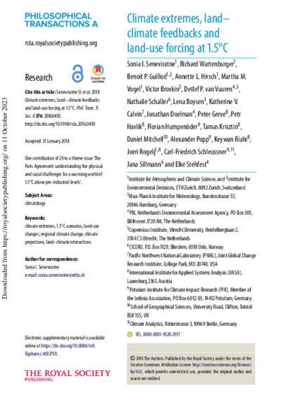 Climate extremes, land–climate feedbacks and land-use forcing at 1.5°C
