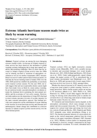 Extreme Atlantic hurricane seasons made twice as likely by ocean warming